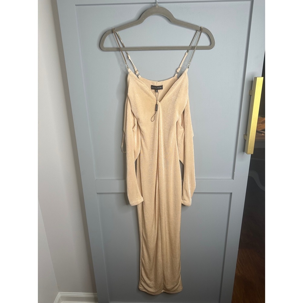 JLUXLABEL Champagne Slip Maxi‎ Women's Dress With Gold Chain Straps Size Small